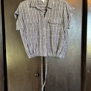 Time and Tru Navy and White Striped Button Front Crop Top